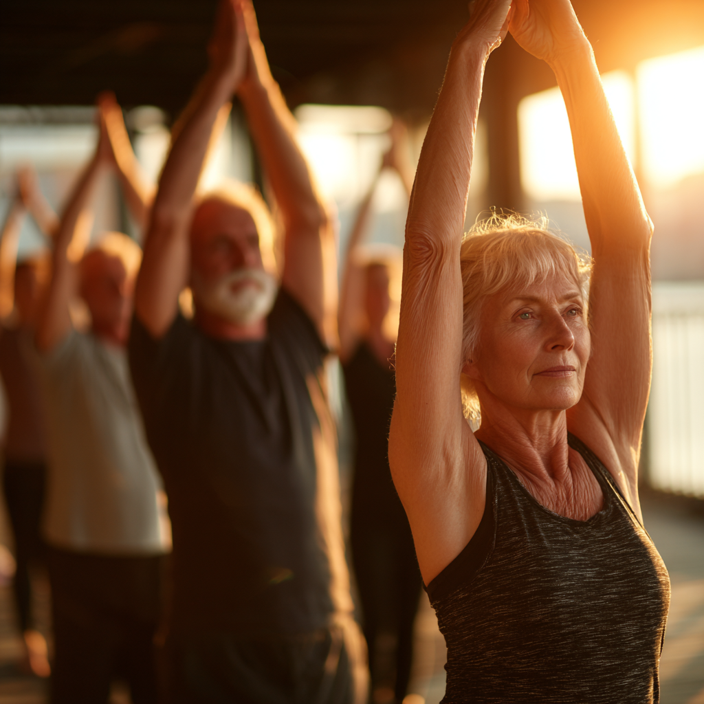 Mature adults practicing yoga poses in natural sunlight