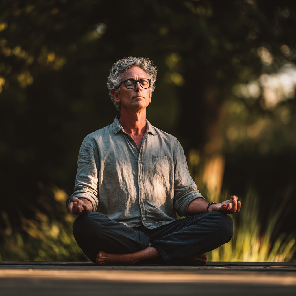 Middle-aged practitioner in serene meditation pose outdoors